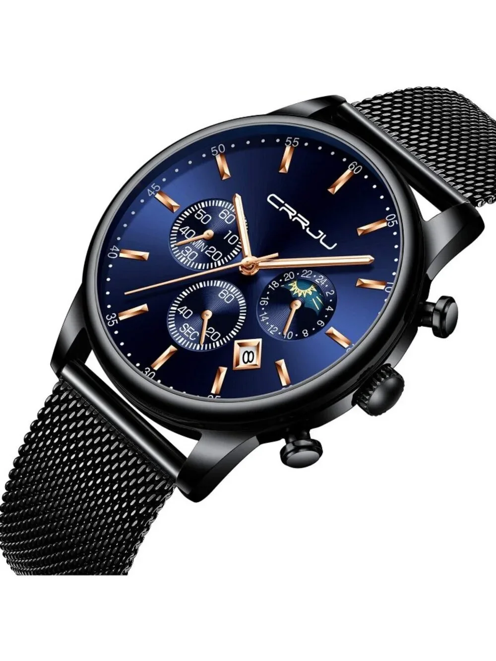 Men Black Blue Chronograph Waterproof Steel Quartz Mesh Strap Casual Round Watch